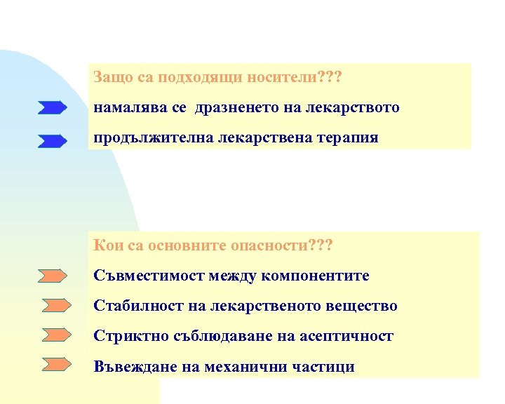 Защо са подходящи носители? ? ? намалява се дразненето на лекарството продължителна лекарствена терапия