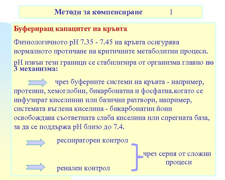 Методи за компенсиране 1 Буфериращ капацитет на кръвта Физиологичното р. Н 7. 35 -