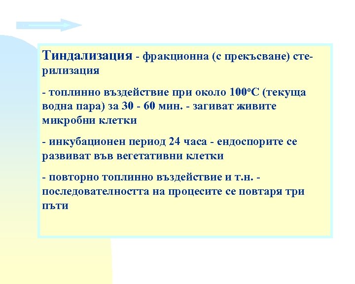 Тиндализация - фракционна (с прекъсване) стерилизация - топлинно въздействие при около 100 о. С