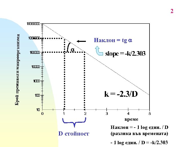 Брой преживели микроорганизми 2 Наклон = tg време D стойност Наклон = - 1