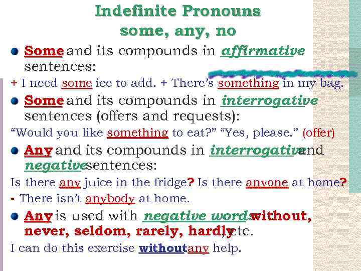 Indefinite Pronouns some, any, no Some and its compounds in affirmative sentences: + I