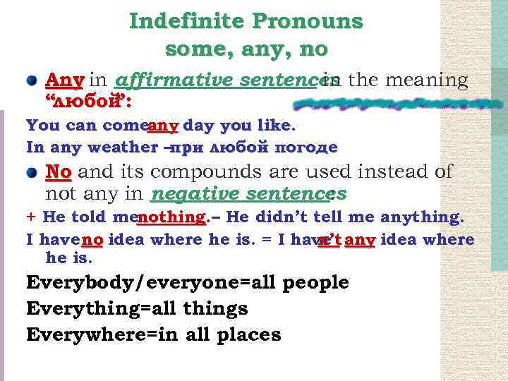 Indefinite Pronouns some, any, no Any in affirmative sentences the meaning in “любой ”: