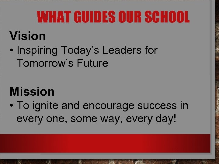 WHAT GUIDES OUR SCHOOL Vision • Inspiring Today’s Leaders for Tomorrow’s Future Mission •