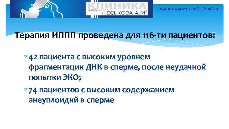 ВАШЕ ПЛАНИРУЕМОЕ СЧАСТЬЕ Терапия ИППП проведена для 116 -ти пациентов: 42 пациента с высоким