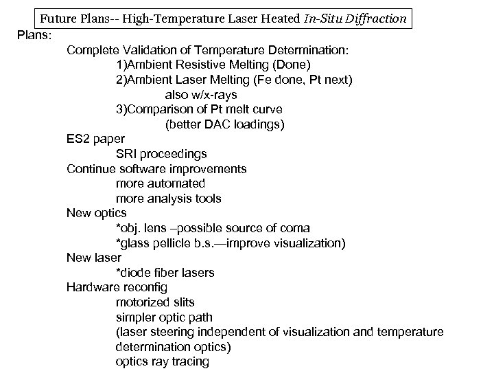 Future Plans-- High-Temperature Laser Heated In-Situ Diffraction Plans: Complete Validation of Temperature Determination: 1)Ambient