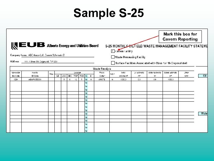 Sample S-25 Mark this box for Cavern Reporting 