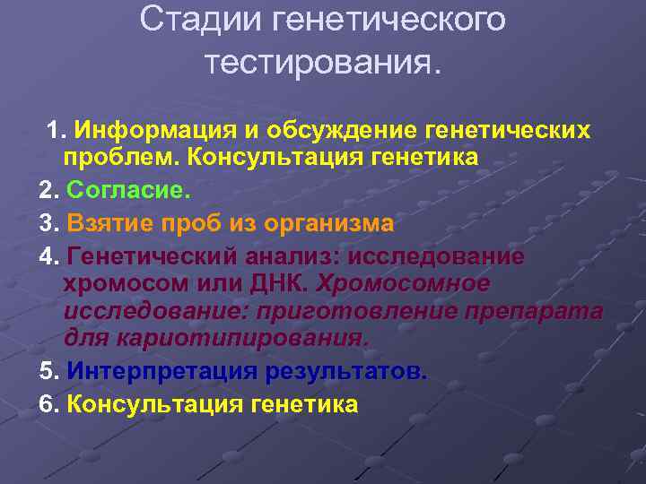 Стадии генетического тестирования. 1. Информация и обсуждение генетических проблем. Консультация генетика 2. Согласие. 3.