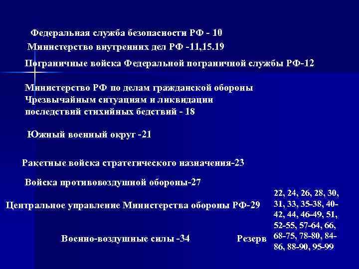 Федеральная служба безопасности РФ - 10 Министерство внутренних дел РФ -11, 15. 19 Пограничные