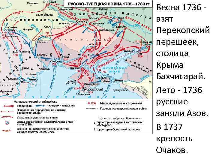  • Весна 1736 - взят Перекопский перешеек, столица Крыма Бахчисарай. • Лето -