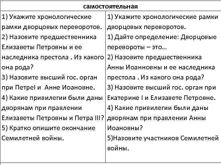 самостоятельная 1) Укажите хронологические рамки дворцовых переворотов. 2) Назовите предшественника 1) Дайте определение: Дворцовые