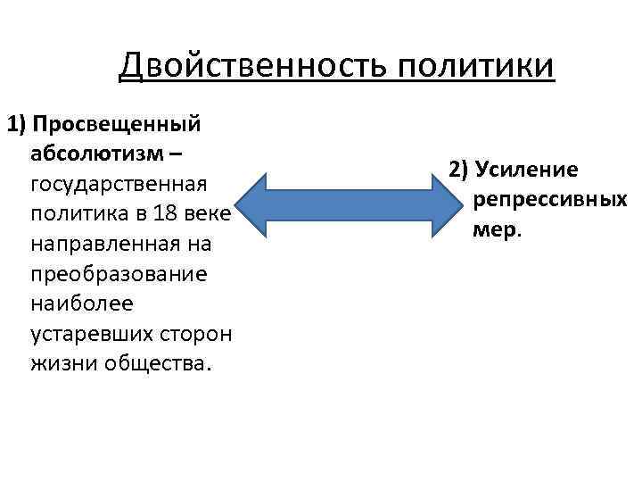 Двойственность политики 1) Просвещенный абсолютизм – государственная политика в 18 веке направленная на преобразование