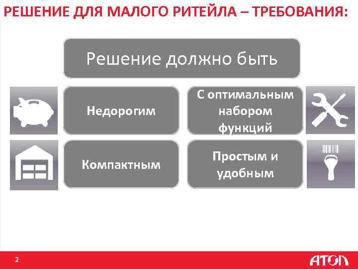 РЕШЕНИЕ ДЛЯ МАЛОГО РИТЕЙЛА – ТРЕБОВАНИЯ: Решение должно быть Недорогим Компактным 2 С оптимальным