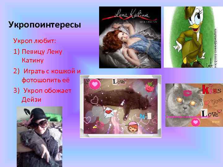 Укропоинтересы Укроп любит: 1) Певицу Лену Катину 2) Играть с кошкой и фотошопить её