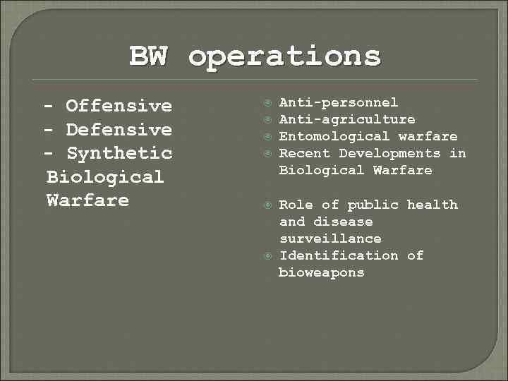 BW operations - Offensive - Defensive - Synthetic Biological Warfare Anti-personnel Anti-agriculture Entomological warfare