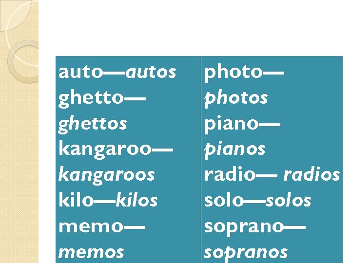 auto—autos ghetto— ghettos kangaroo— kangaroos kilo—kilos memo— memos photo— photos piano— pianos radio— radios