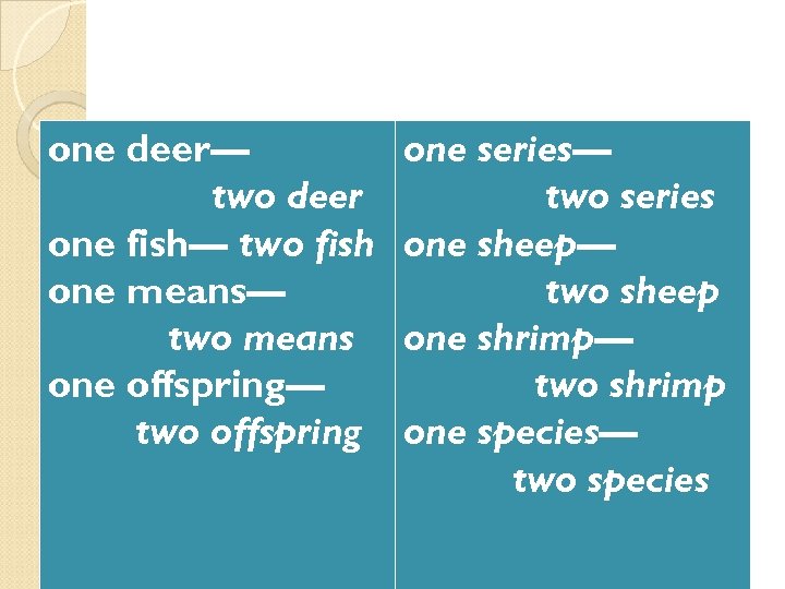 one deer— two deer one fish— two fish one means— two means one offspring—