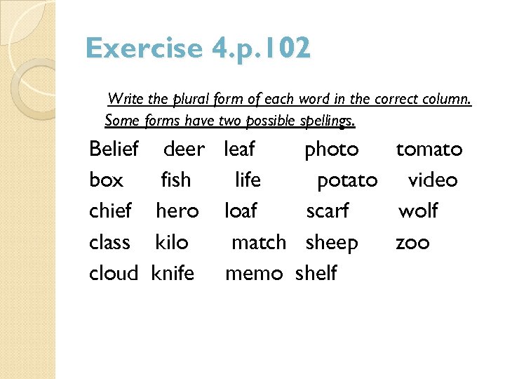 Exercise 4. p. 102 Write the plural form of each word in the correct