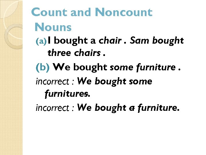 Count and Noncount Nouns (a) I bought a chair. Sam bought three chairs. (b)