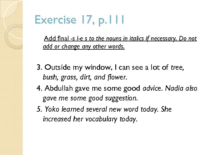 Exercise 17, p. 111 Add final -s l-e s to the nouns in italics