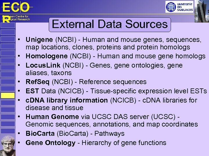 ECO R European Centre for Ontological Research External Data Sources • Unigene (NCBI) -