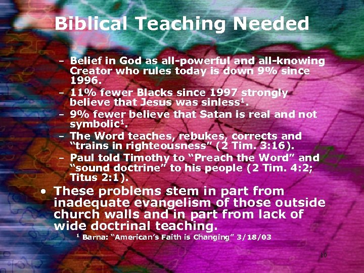 Biblical Teaching Needed – Belief in God as all-powerful and all-knowing Creator who rules