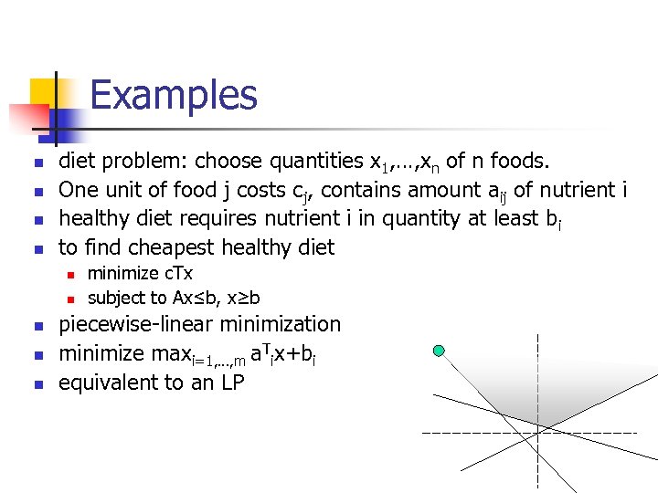 Examples n n diet problem: choose quantities x 1, …, xn of n foods.