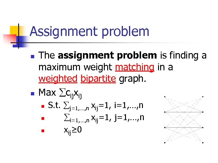 Assignment problem n n The assignment problem is finding a maximum weight matching in