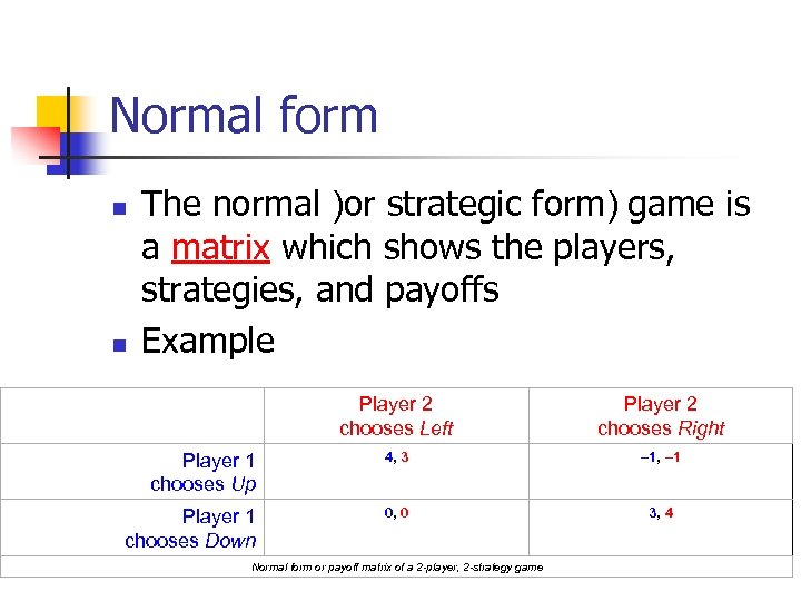Normal form n n The normal )or strategic form) game is a matrix which