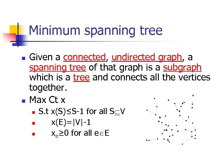 Minimum spanning tree n n Given a connected, undirected graph, a spanning tree of
