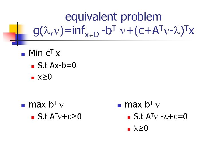 equivalent problem g( , )=infx D -b. T +(c+AT - )Tx n Min c.