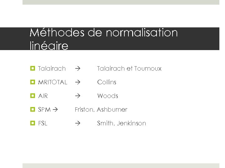 Méthodes de normalisation linéaire Talairach et Tournoux MRITOTAL Collins AIR Woods SPM Friston, Ashburner