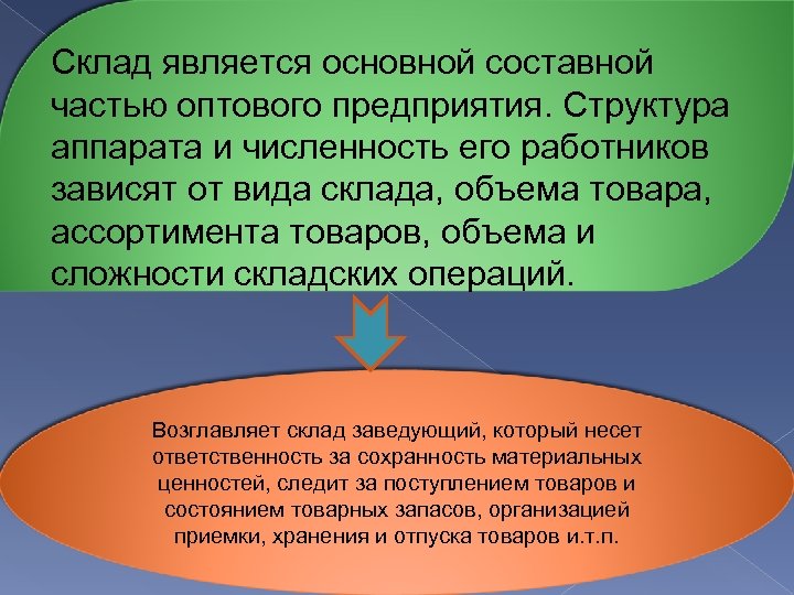 Склад является основной составной частью оптового предприятия. Структура аппарата и численность его работников зависят