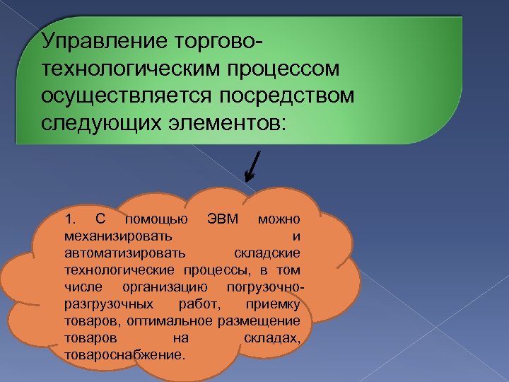 Управление торговотехнологическим процессом осуществляется посредством следующих элементов: 1. С помощью ЭВМ можно механизировать и