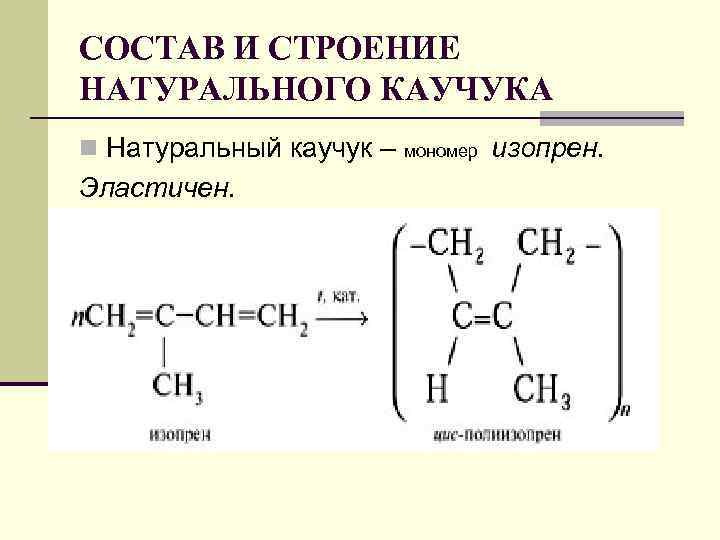 СОСТАВ И СТРОЕНИЕ НАТУРАЛЬНОГО КАУЧУКА n Натуральный каучук – Эластичен. мономер изопрен. 