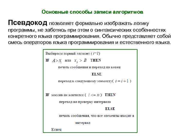 Основные способы записи алгоритмов Псевдокод позволяет формально изображать логику программы, не заботясь при этом