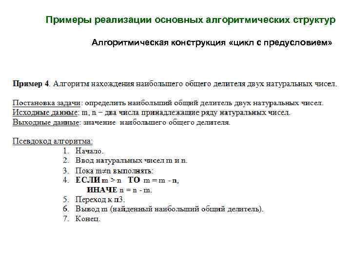 Примеры реализации основных алгоритмических структур Алгоритмическая конструкция «цикл с предусловием» 