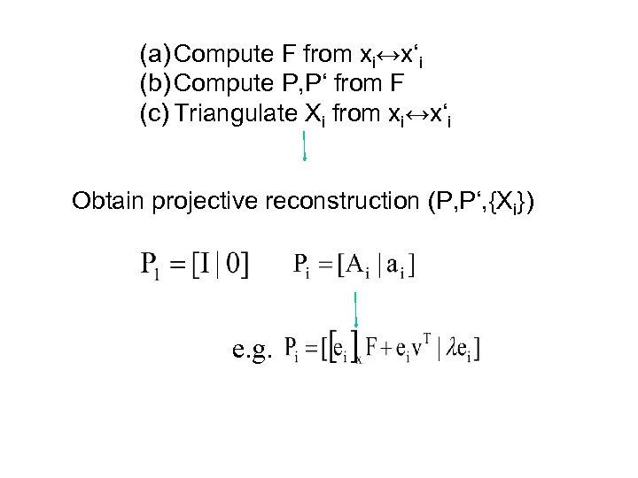 (a) Compute F from xi↔x‘i (b) Compute P, P‘ from F (c) Triangulate Xi