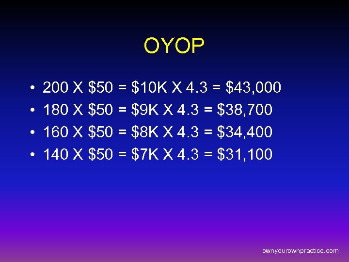 OYOP • • 200 X $50 = $10 K X 4. 3 = $43,