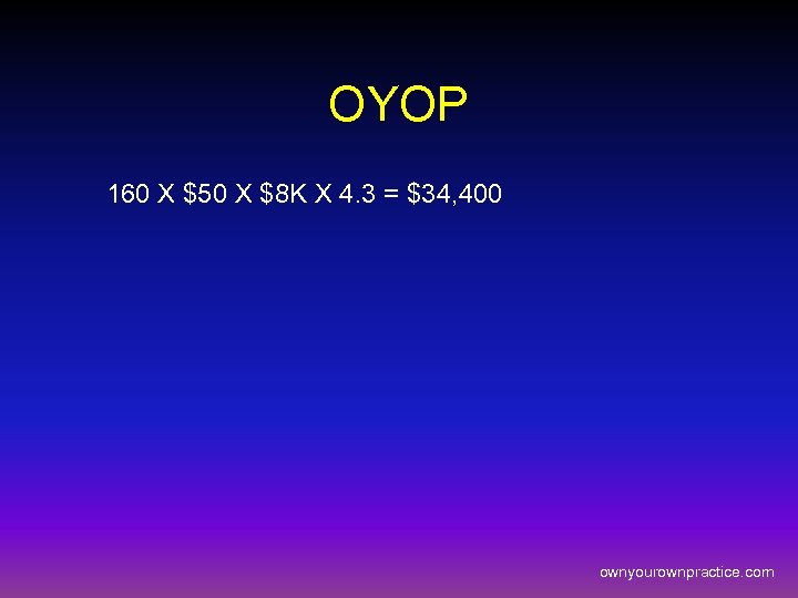 OYOP 160 X $50 X $8 K X 4. 3 = $34, 400 ownyourownpractice.