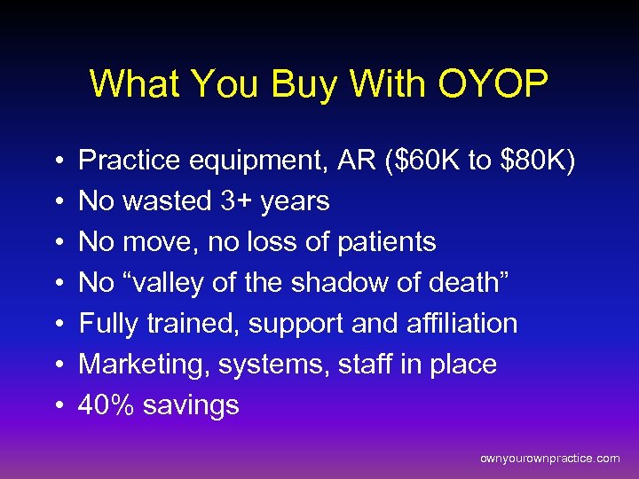 What You Buy With OYOP • • Practice equipment, AR ($60 K to $80