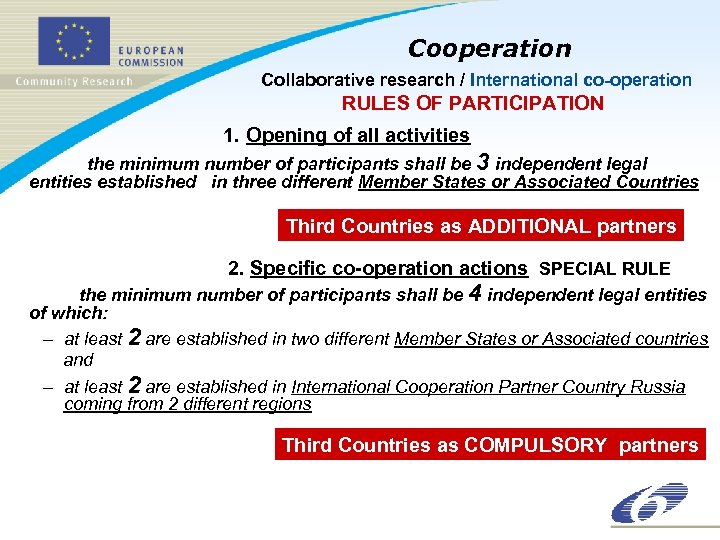 Cooperation Collaborative research / International co-operation RULES OF PARTICIPATION 1. Opening of all activities