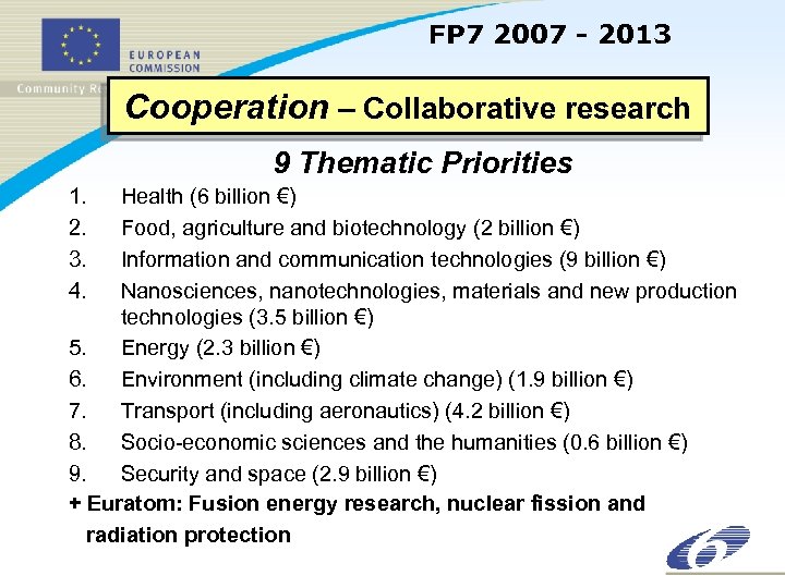 FP 7 2007 - 2013 Cooperation – Collaborative research 9 Thematic Priorities 1. 2.