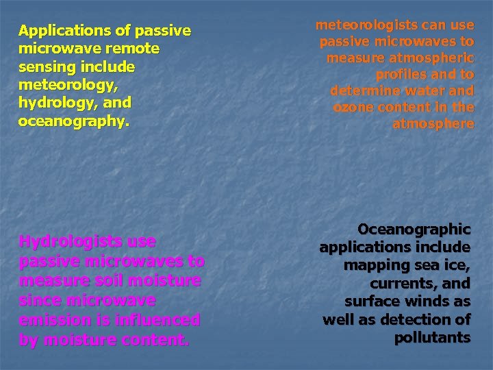 Applications of passive microwave remote sensing include meteorology, hydrology, and oceanography. Hydrologists use passive