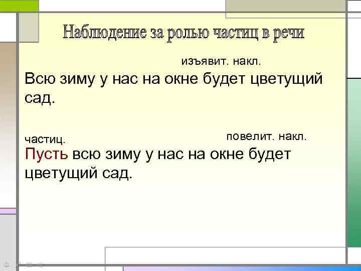 изъявит. накл. Всю зиму у нас на окне будет цветущий сад. частиц. повелит. накл.