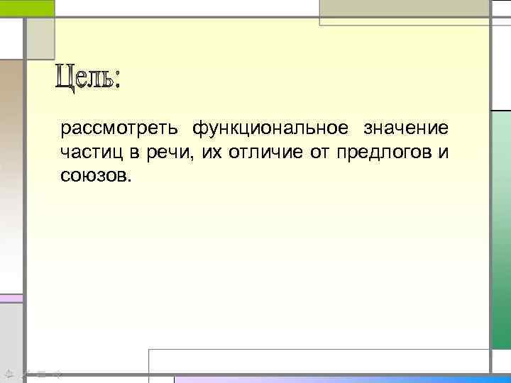 рассмотреть функциональное значение частиц в речи, их отличие от предлогов и союзов. 