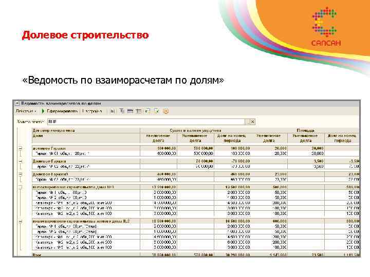 Долевое строительство «Ведомость по взаиморасчетам по долям» 