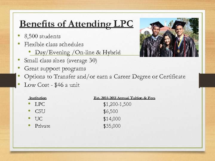 Benefits of Attending LPC • 8, 500 students • Flexible class schedules • Day/Evening