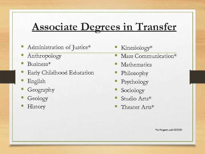 Associate Degrees in Transfer § § § § Administration of Justice* Anthropology Business* Early