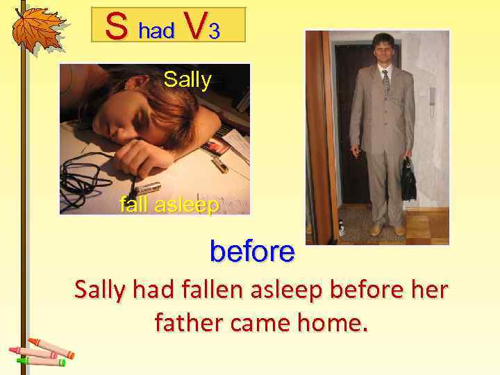 S had V 3 Sally fall asleep before Sally had fallen asleep before her