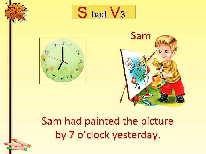 S had V 3 Sam had painted the picture by 7 o’clock yesterday. 